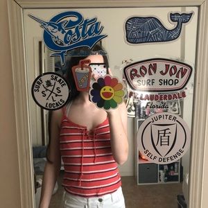 Striped coral tie up shirt